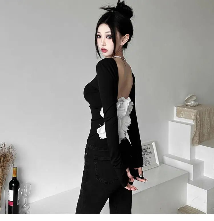 New elegant Tshirts for Women 2025 Ropa Mujer Patchwork Tops Tunic Long Sleeve Tees Backless Crop  Fashion Casual Y2k T-shirt