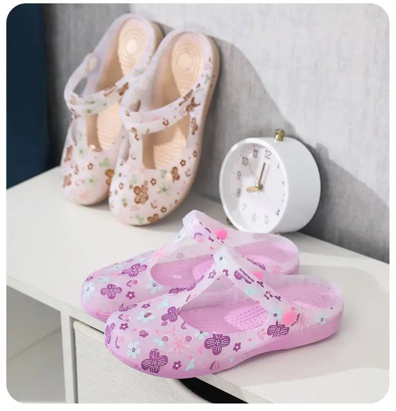 Women's Pink Floral & Butterfly Print Transparent T - Strap Jelly Sandals - Comfortable & Stylish Summer Printed Hole Shoes