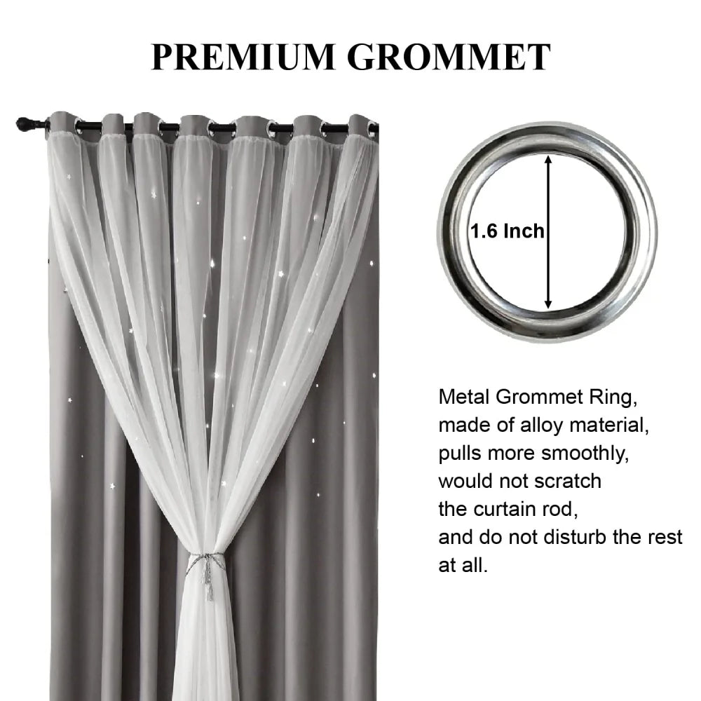 Blackout Curtains for Bedroom Double Layer Star Cutout Cute Curtain Grommet Top Window Curtain Panel for Living Room and Nursery