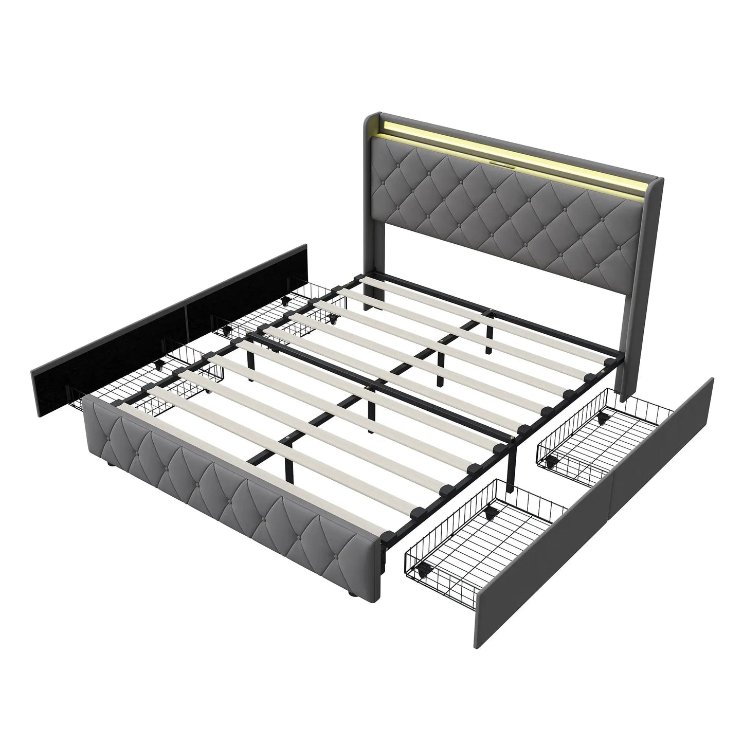 Gepolstertes Bett LED Beleuchtung USB Ladeanschluss Vier Schubladen