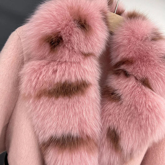 women's luxury wool coat long patchwork design with detachable fox fur