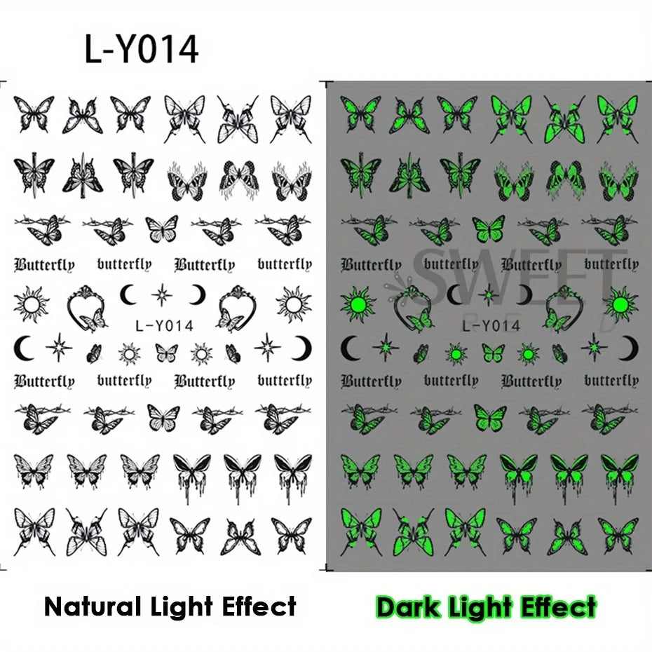 Autocolante pentru unghii 2025: 3 buc Fluture luminos-Glow-Dark - Colecția de artă pentru manichiură
