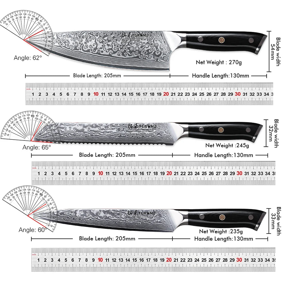 TURWHO 1-6 Piece Knife Set 67 Layers Damascus Steel Kitchen Knives Santoku Chef Knives Utility Bread Slicing Knife Cooking Tools
