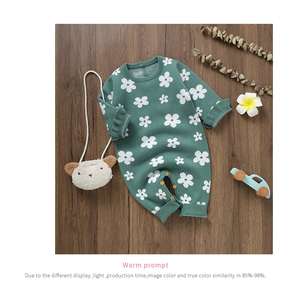 Cute Floral Print Infant Jumpsuit Long Sleeve Baby Girls Spring & Autumn Rompers Knitted 1-18 Months Newborn Bodysuit Sleepsuit