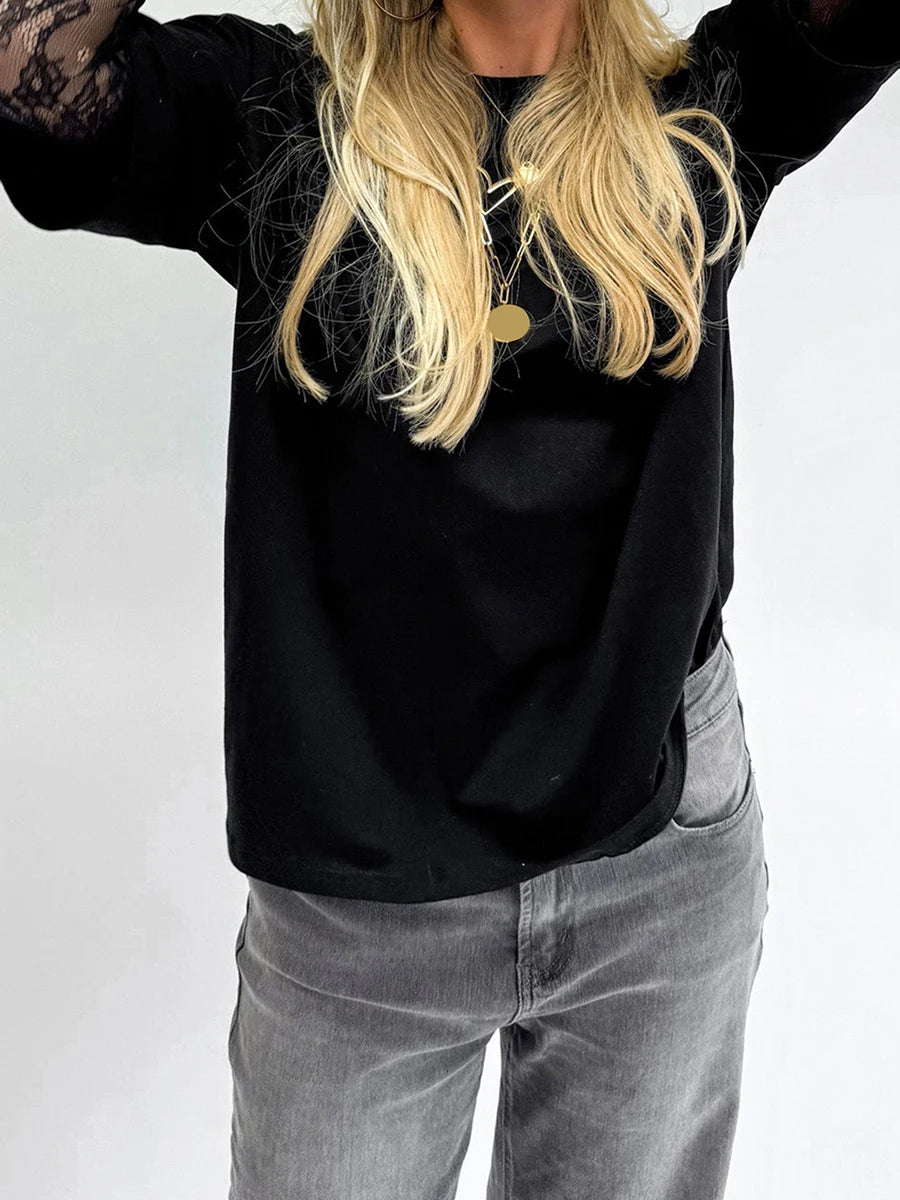 T-Shirt 2025: hirigin Women Round Neck T-Shirt Lace Long Sleeve Casual Shirts - Spring Fall Loose Fit Tops Ladies Solid Color Tee for Streetwear Y2K 00s Collection