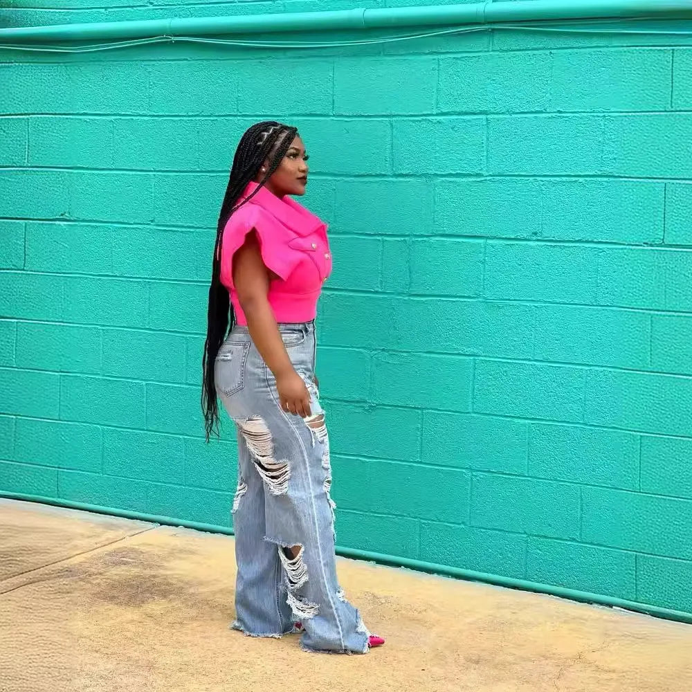 Jeans Women Long Pants Elegant Splice Denim Pant Slim Fit elegant Hole High Waist Button Pocket Straight Trousers Summer 2024