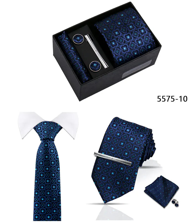 Elegant Men's Suit Necktie Gift Box Set Floral Tie Handchief Cufflinks Tie Clip 4-Piece Business Wedding Party Suit Accessories