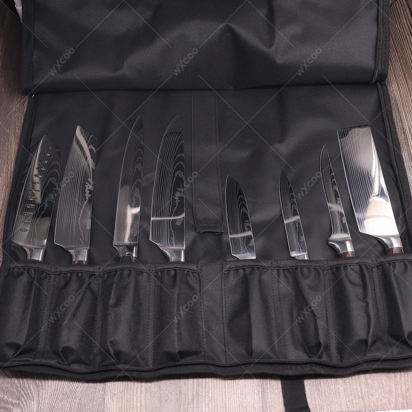 WXCOO Professional Kitchen Chef Knife Damascus Steel Laser Pattern Santoku Knife Double Side Magnetic Kitchen Knife Block