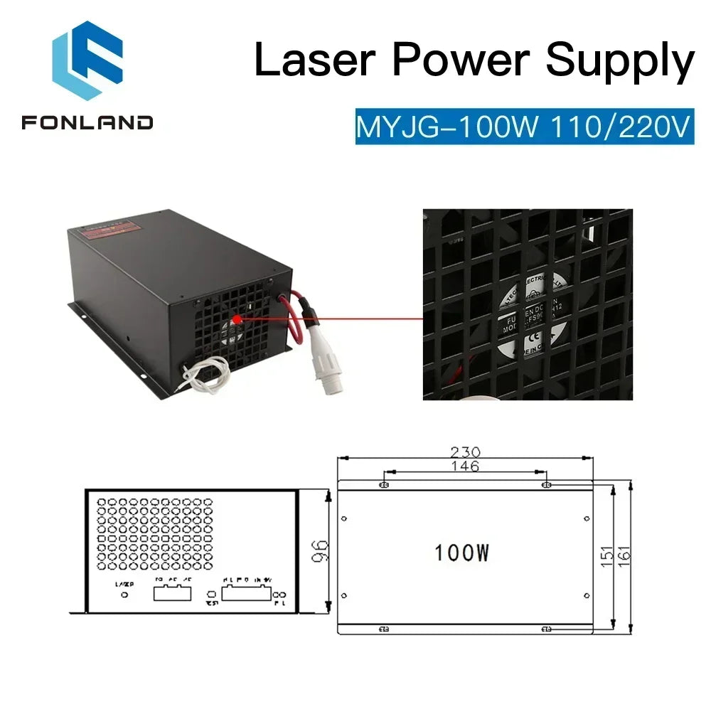 Sursă de alimentare laser CO2 Fonland 80 100W, înlocuire pentru mașina de gravat și tăiat tuburi cu laser CO2 RECI W2 T2 M100W
