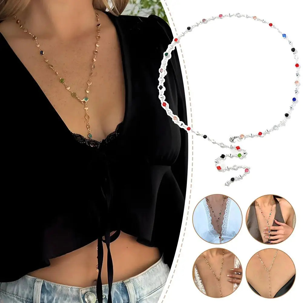 Bohemian Colorful Glass Long Y-Shaped Necklace Metal Collarbone Chain Gold Silver Color Summer Holiday Party Body Jewelry Gifts