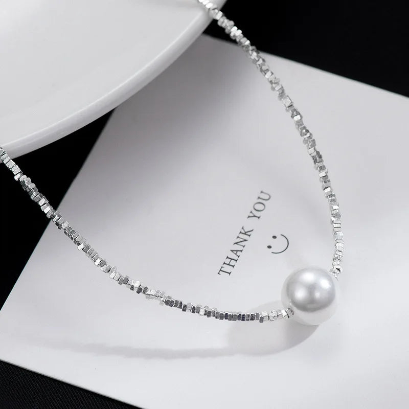 Sparkling 12mm Pearl Pendant Necklace For Women Girl 100% 925 Sterling Silver Choker Chain Wedding Birthday Party Gift Jewelry
