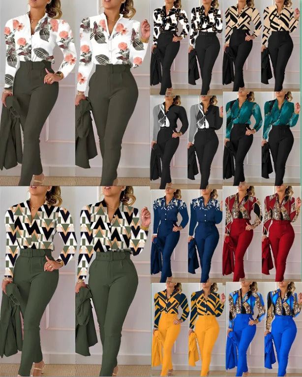 Femei elegante cămașă două piese set costume toamna nouă modă imprimare mânecă lungă top pantaloni negri set cu curea bluze îmbrăcăminte feminină