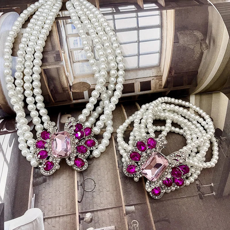 Luxus Strass Geometrische Mehrschichtige Perlen Halskette - Französisches Übertriebenes Design Nische Schlüsselbein Kette - Damen Party Schmuck