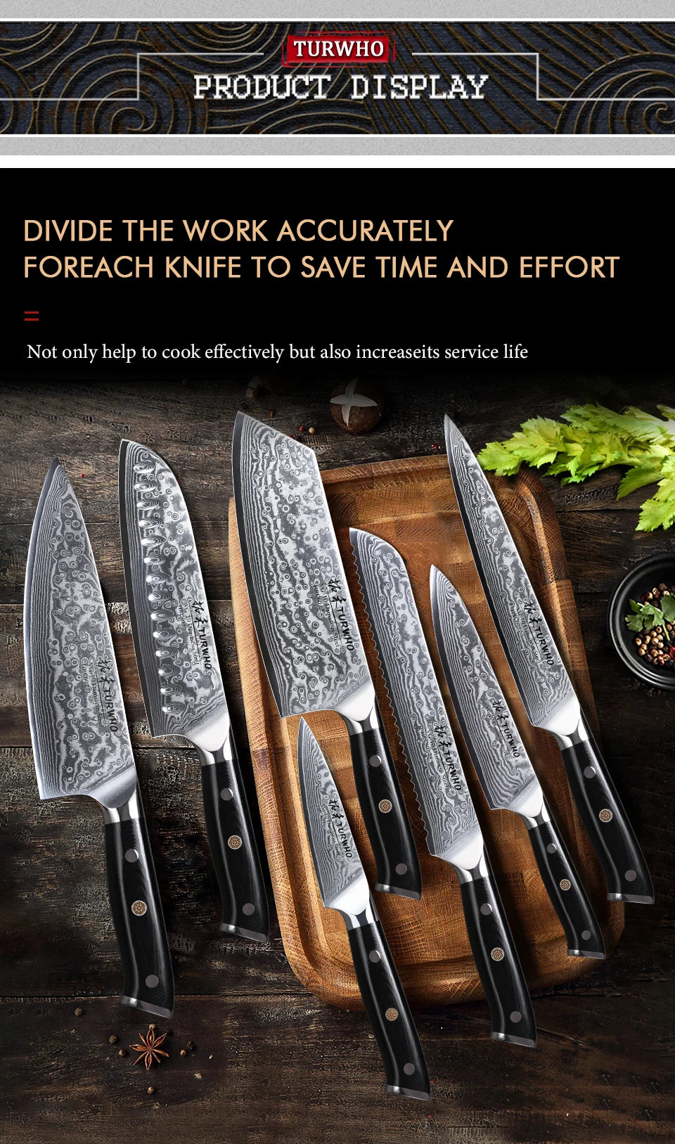 TURWHO 1-6 Piece Knife Set 67 Layers Damascus Steel Kitchen Knives Santoku Chef Knives Utility Bread Slicing Knife Cooking Tools