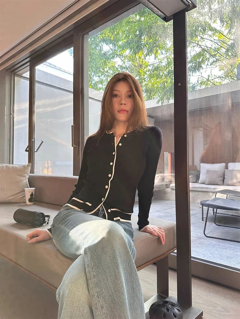 Cardigan tricotat cu model patchwork ZOKICN - mânecă lungă subțire, alb, mărimea M, greutate 120-220 g/m²