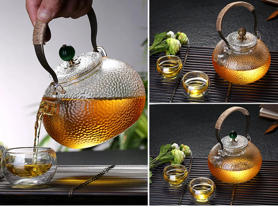 Ceainic de sticlă rezistent la temperaturi ridicate, set de ceai, ceainic de flori cu textură ciocănită manual, cu mâner pentru a face ceainic Gaiwan Pu Erh