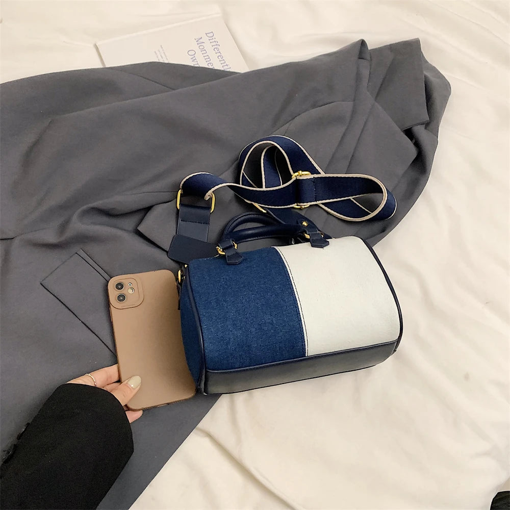 Genți de mână mini cu blocuri de culoare patchwork pentru femei, genți de umăr din denim, genți crossbody, geantă casual de stradă mică, geantă Boston, 2024, poșete de designer