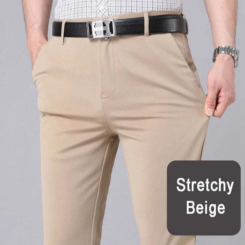 Male Pants Stretch Solid Black Smart Casual Men's Trousers Office Quick Dry Suit Pants New Spring Autumn Korean Straight Pants - Golden Bridge Store