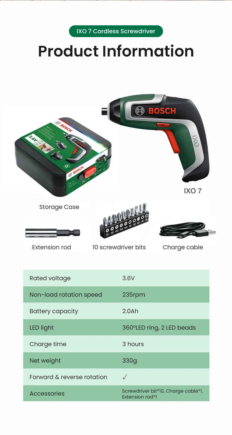 Bosch IXO Cordless Screwdriver 3.6V Usb Rechargeable Multi-Function Mini Electric Drill Screw Driver Portable Power Tool Ixo 7/6