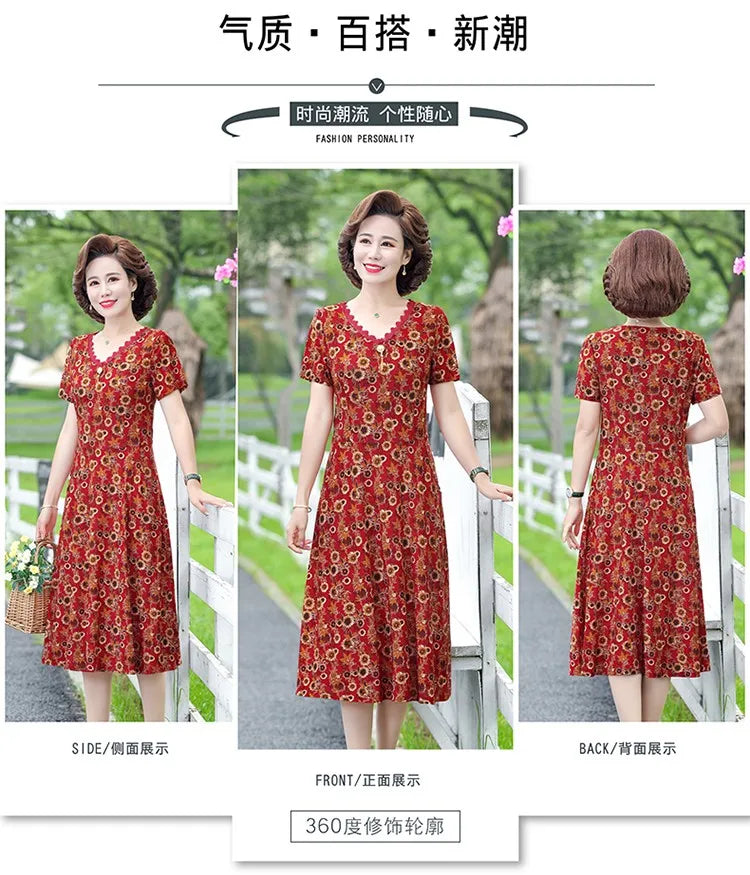 Elegant Women Dress Elegant Casual V-Neck Print Vintage Ladies Mid-Calf High Waist Summer Bohemian Dresses