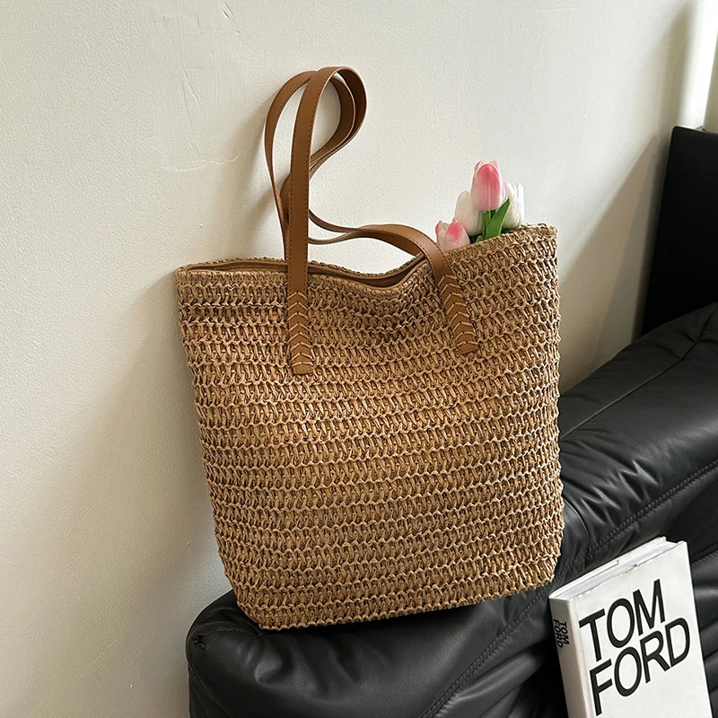 Summer Beach Large Capacity Tote Bag Women Shoulder Bag Handmade Woven Bag Top-Handle Bags Raffia Boho Woven Women Bag