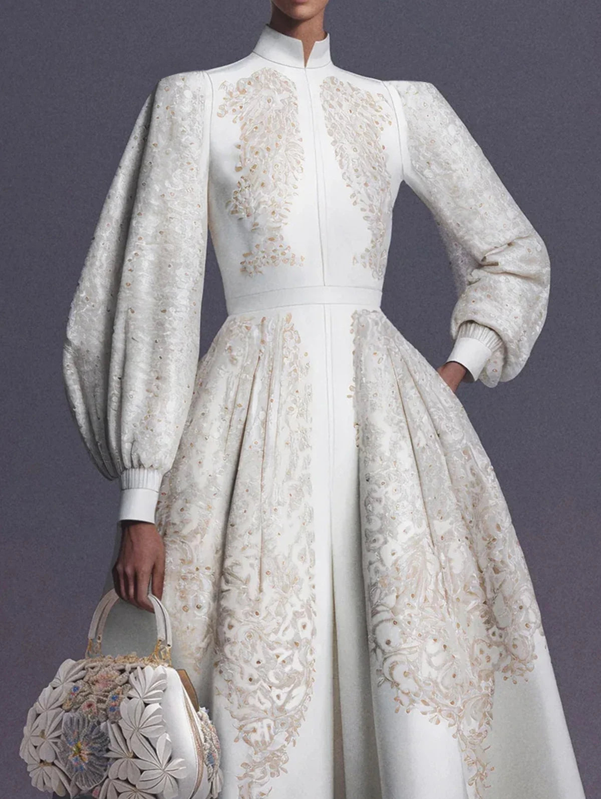 Elegant Women A-Line Mid-Length Dress Vintage Floral Pattern Print Fashionable Stand Collar Lantern Sleeves Evening Party Dress