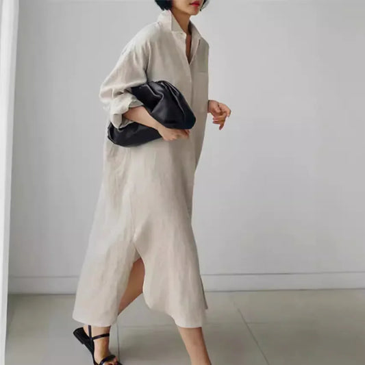 Elegant Women Shirts Dress Spring Fashion V-neck Long Sleeve Cotton Linen Maxi Dresses Ladies Casual Holiday Vestidos 2024 Robes - Golden Bridge Store
