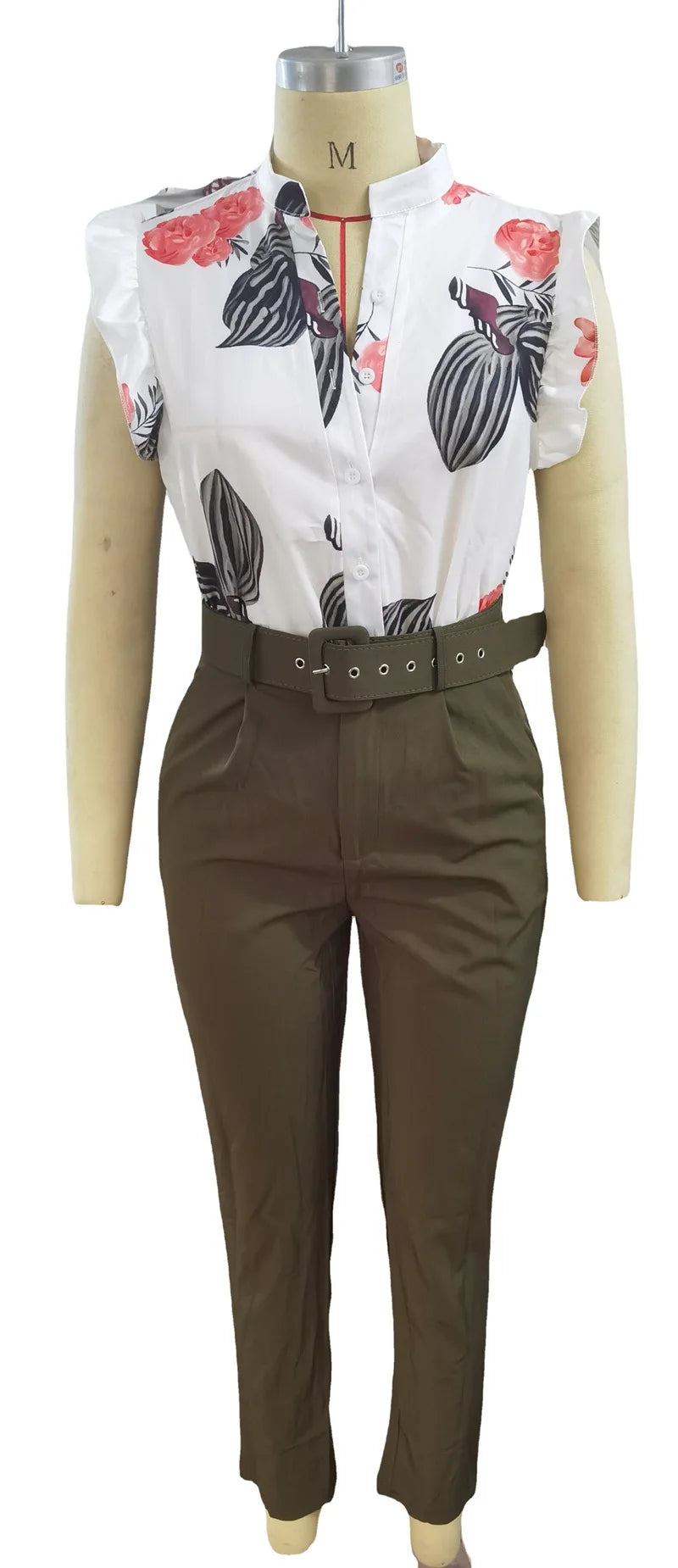 Femei elegante două piese set costume la modă nouă imprimate cu mâneci cu volane top culoare solidă pantaloni set cu curea bluze îmbrăcăminte feminină