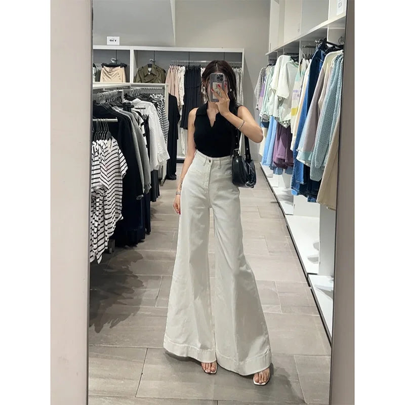 White Jeans with Pant Legs Women 2024 Spring New Temperament Korean Version of High Waist Loose Look Slim Wide Leg Pants Jeans