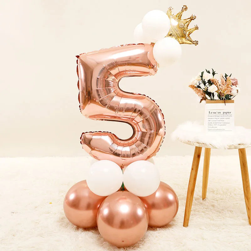 Chrome Rose Gold 32inch Number Foil Column Balloons Happy Birthday Party Decorations Kids Boy Girl 1 2 3 4 5 6 7 8 9 Year Old