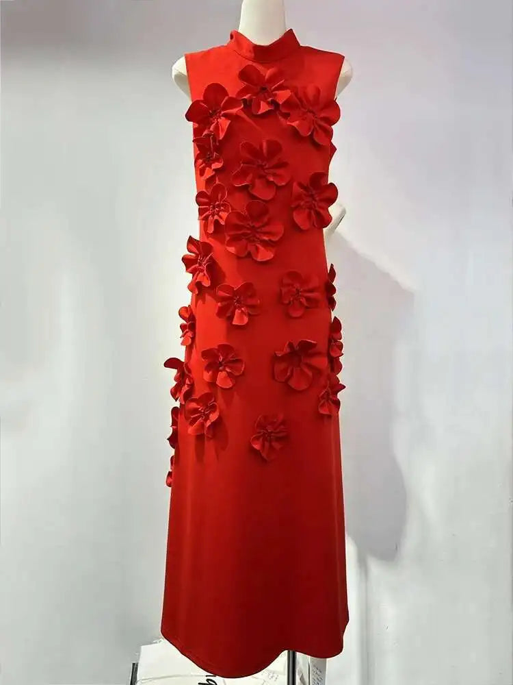 EWQ  Elegant Female Evening Dress 3D Floral Design Stand Collar Sleeveless Temperament Women Slim Dresses 2025 Spring Red Robe
