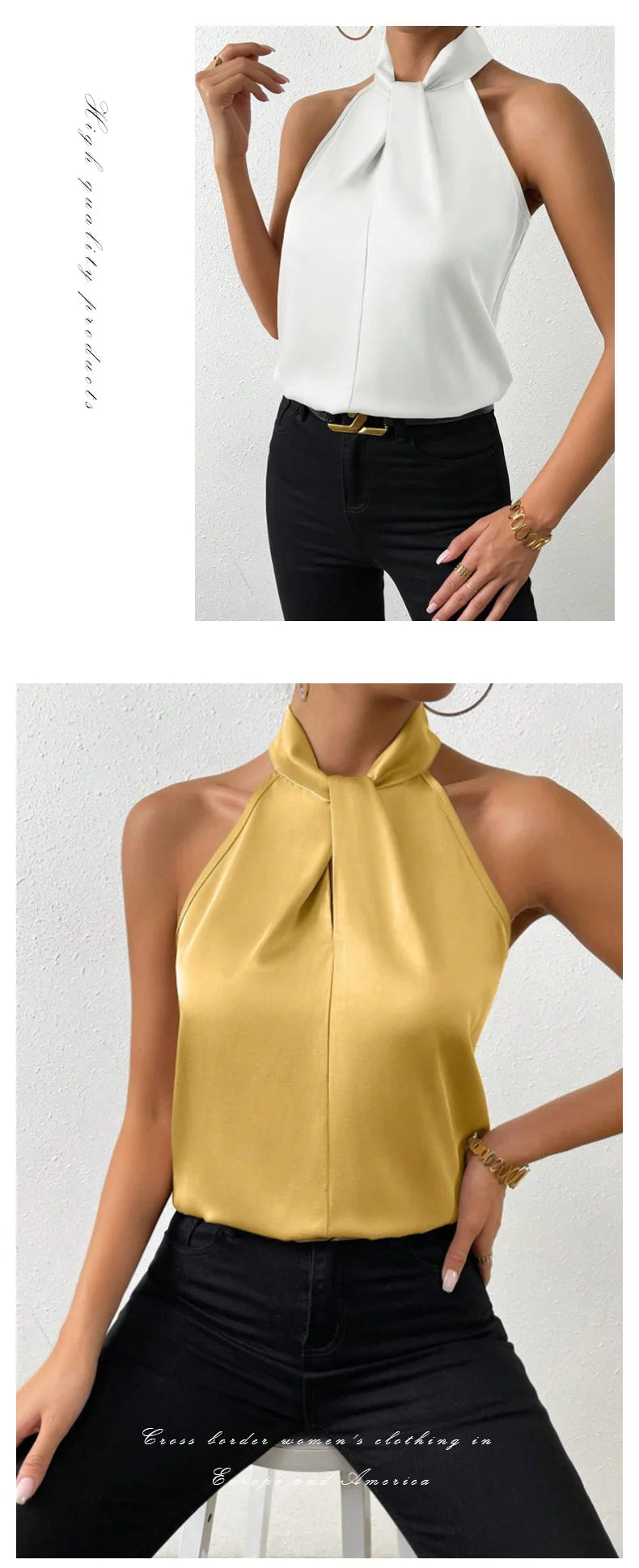 Topuri pentru femei 2025 vară nouă haine europene și americane satin halter vestă fără mâneci elegantă naveta satin simulat mătase top