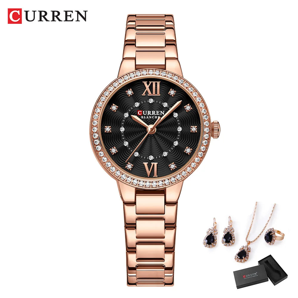 CURREN Luxus Uhr Damen Ring Halskette Ohrringe - Strass Mode Armbanduhr Weiblich Casual Damen Uhren Armband 5-teiliges Set