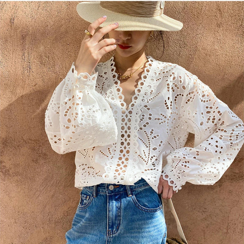 Floral Eyelet Embroidery White Blouse Women's Long Sleeve V-Neck Casual Cotton Shirt 2025 Spring/Summer New in Holiday Clothes