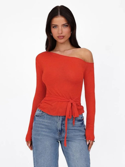 One Shoulder T Shirts For Women Aesthetic Clothes Sashes Crop Top Y2k Accessories Long Sleeve Lady Tshirt Ropa Mujer Camisetas