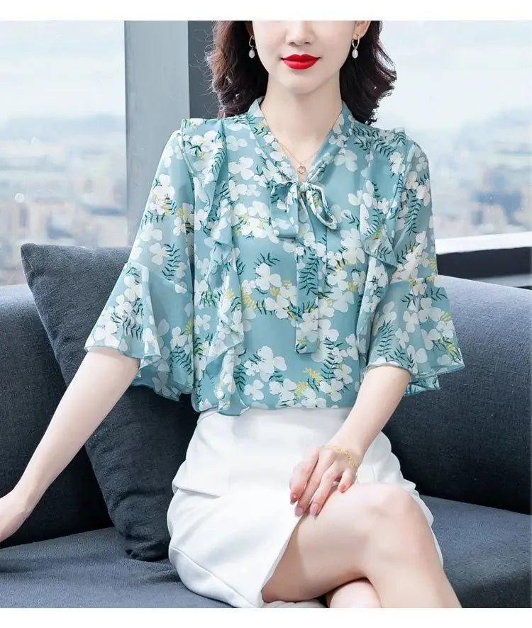 Elegant Fashion Floral Printed Bow Drawstring Chiffon Shirt Summer 2023 V-Neck Three Quarter Sleeve Slim Blouse Women's Clothing