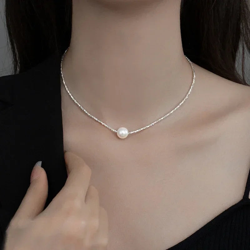 Sparkling 12mm Pearl Pendant Necklace For Women Girl 100% 925 Sterling Silver Choker Chain Wedding Birthday Party Gift Jewelry