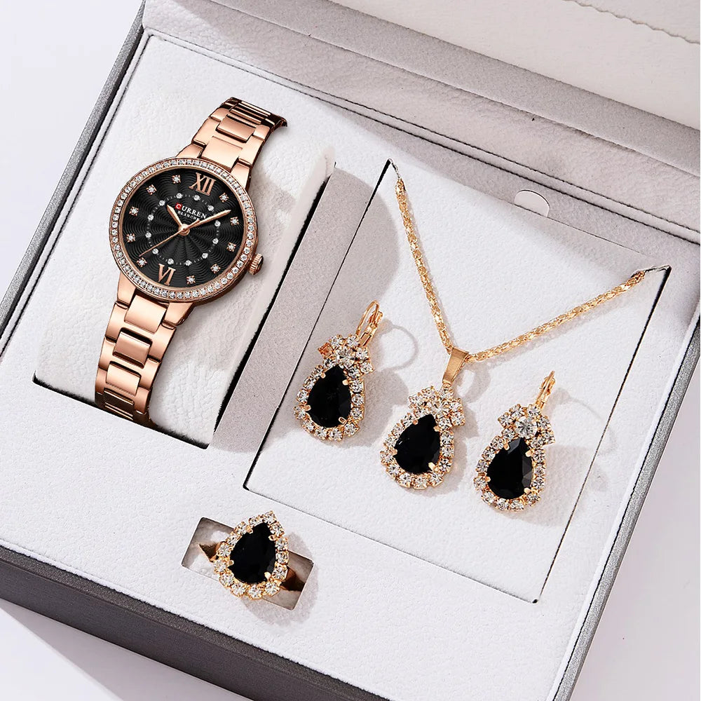 CURREN Luxus Uhr Damen Ring Halskette Ohrringe - Strass Mode Armbanduhr Weiblich Casual Damen Uhren Armband 5-teiliges Set