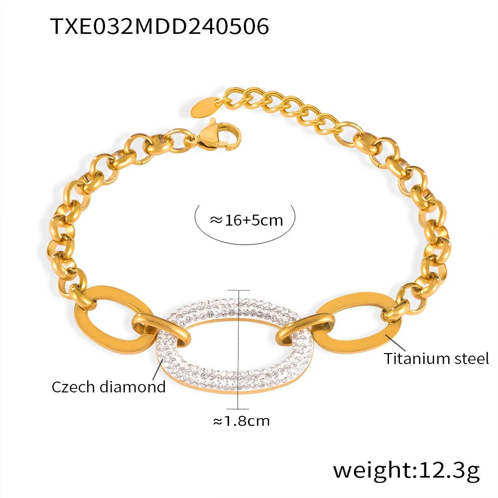 Luxus Strass Runder Anhänger Halskette - Edelstahl Goldplattiert Armband Schmuck Set - Damen Hochzeit Accessoires