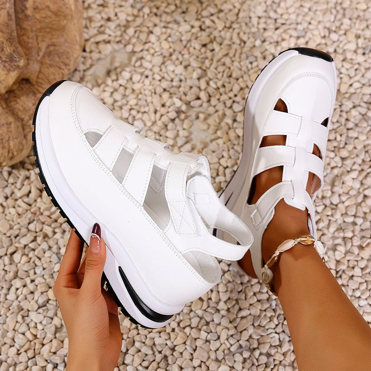 Women Sandals New High Quality Buckle Strap Sandals Women New Closed Toe Office and Career Summer Solid Wedge Shoes for Women