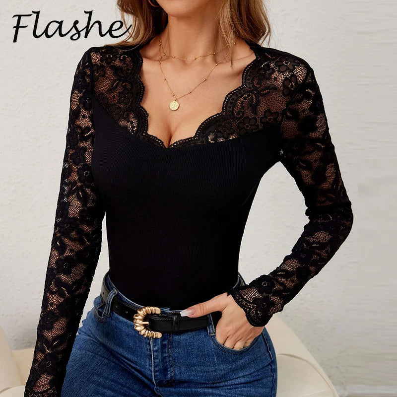 Sexy T-shirts For Women V Neck Lace Long Sleeve T-Shirts Female Fashion Hollow Out Tee Tops Green Red Black Shirts