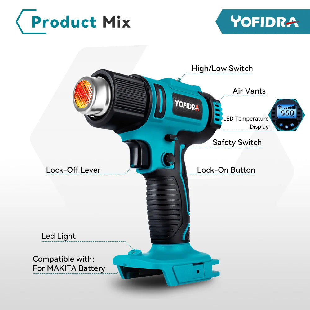 Yofidra 2500W Electric Hot Air Gun - 6 Gears Adjustable LED Temperature Display Soldering Thermal Blower For 21V 18V Battery
