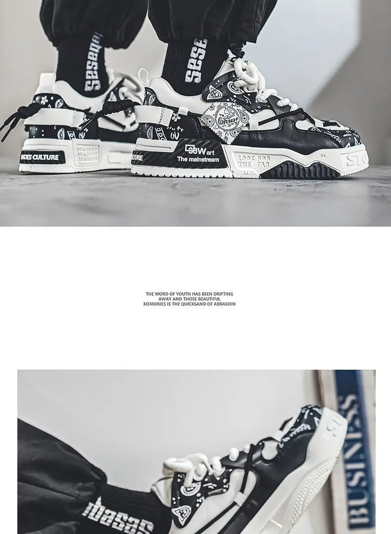 Mens Shoes 2025 Platform Sneakers New Trend Design Graffiti Skateboard Shoes Lace UP Soft Sole Non Slip Outdoor Sports Shoes