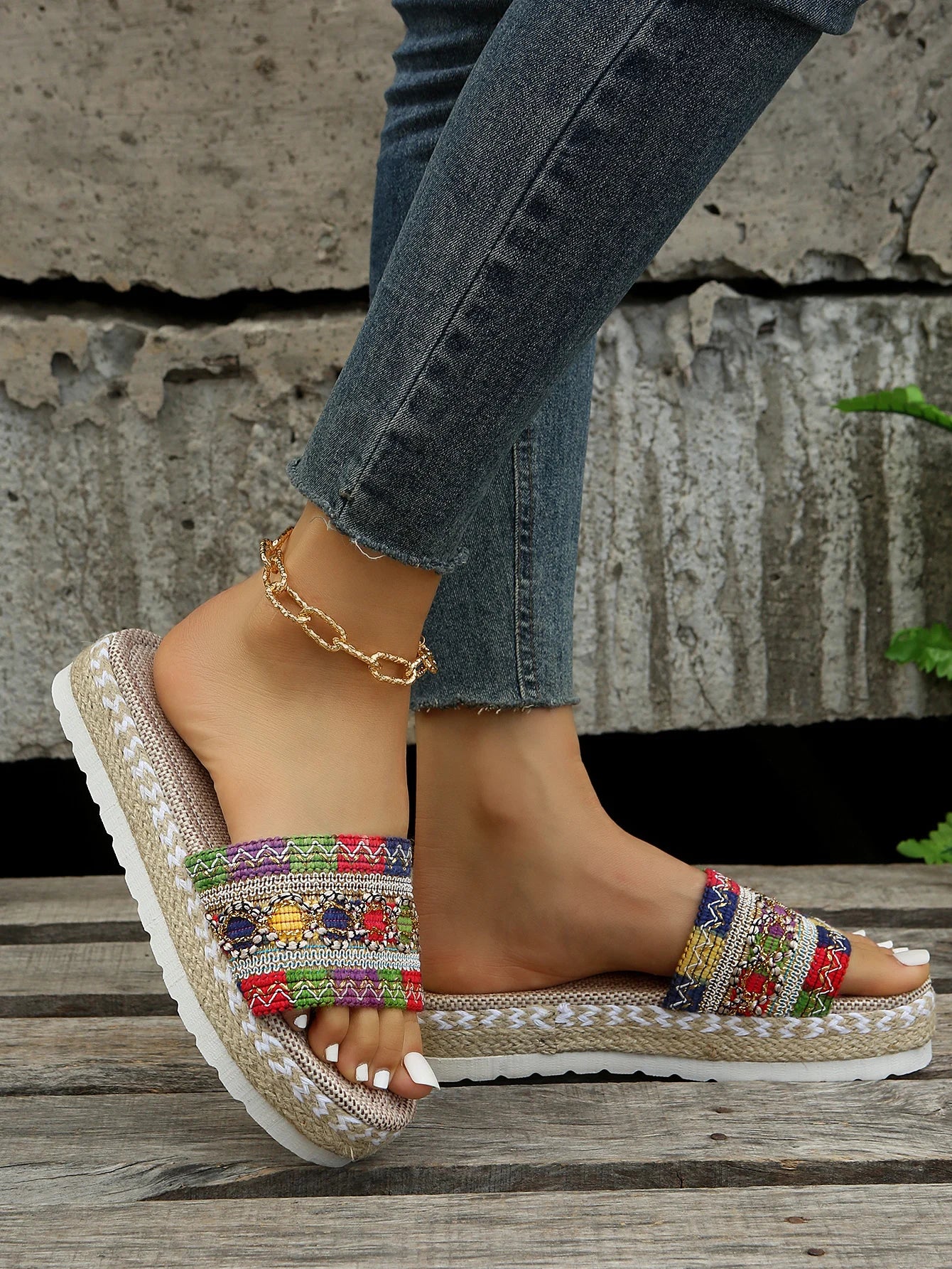Gewebte Damen Pantoletten Platform - Sommer Schuhe für Damen 2025 Neu - Strand Casual Absatz Sandalen Bohemian Handgemacht Espadrilles