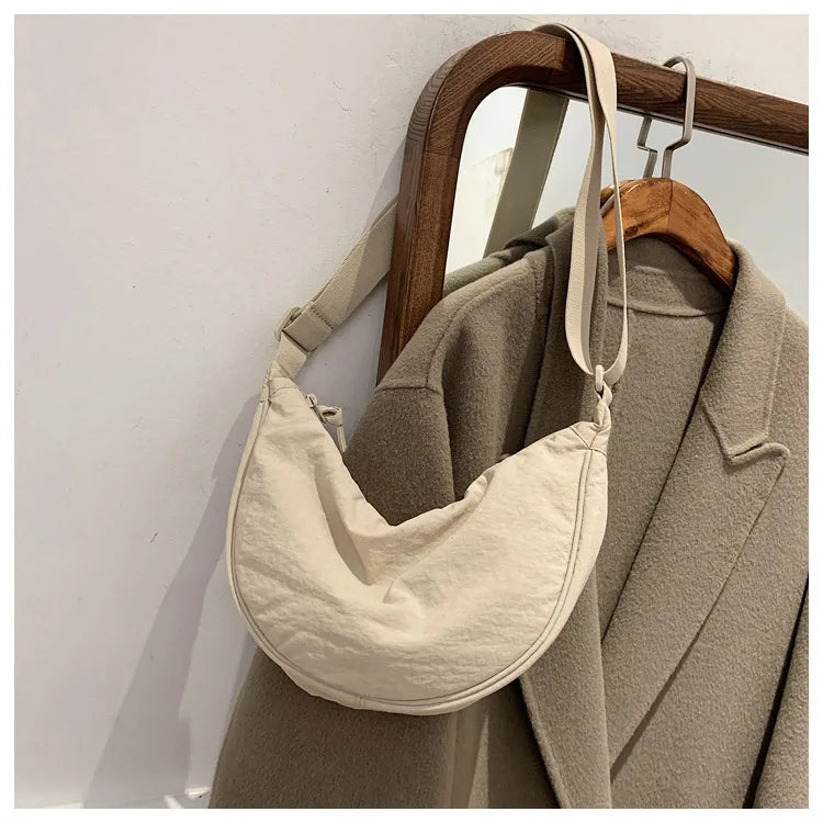 Solid Color Women's Portable Shoulder Bag Simple Female Nylon Cloth Padded Crossbody Bags Travel Purse Handbags Messenger Bag