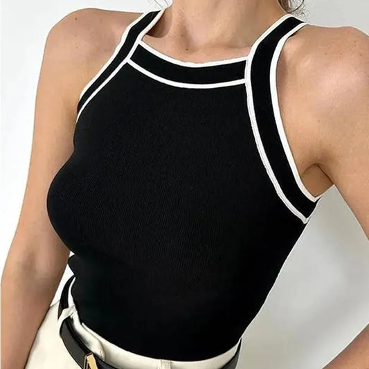 TRAF Tops for Women 2023 Crop Top Black elegant Sleeveless Knitted Fabric Women's Vest Tank top Female youthful women's clothing - Golden Bridge Store