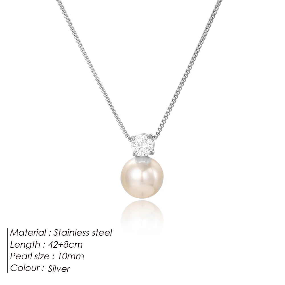 eManco Stainless Steel Gold Plated Imitation Pearl Pendant Short Zirconia Necklace Women's Accessories Wholesale