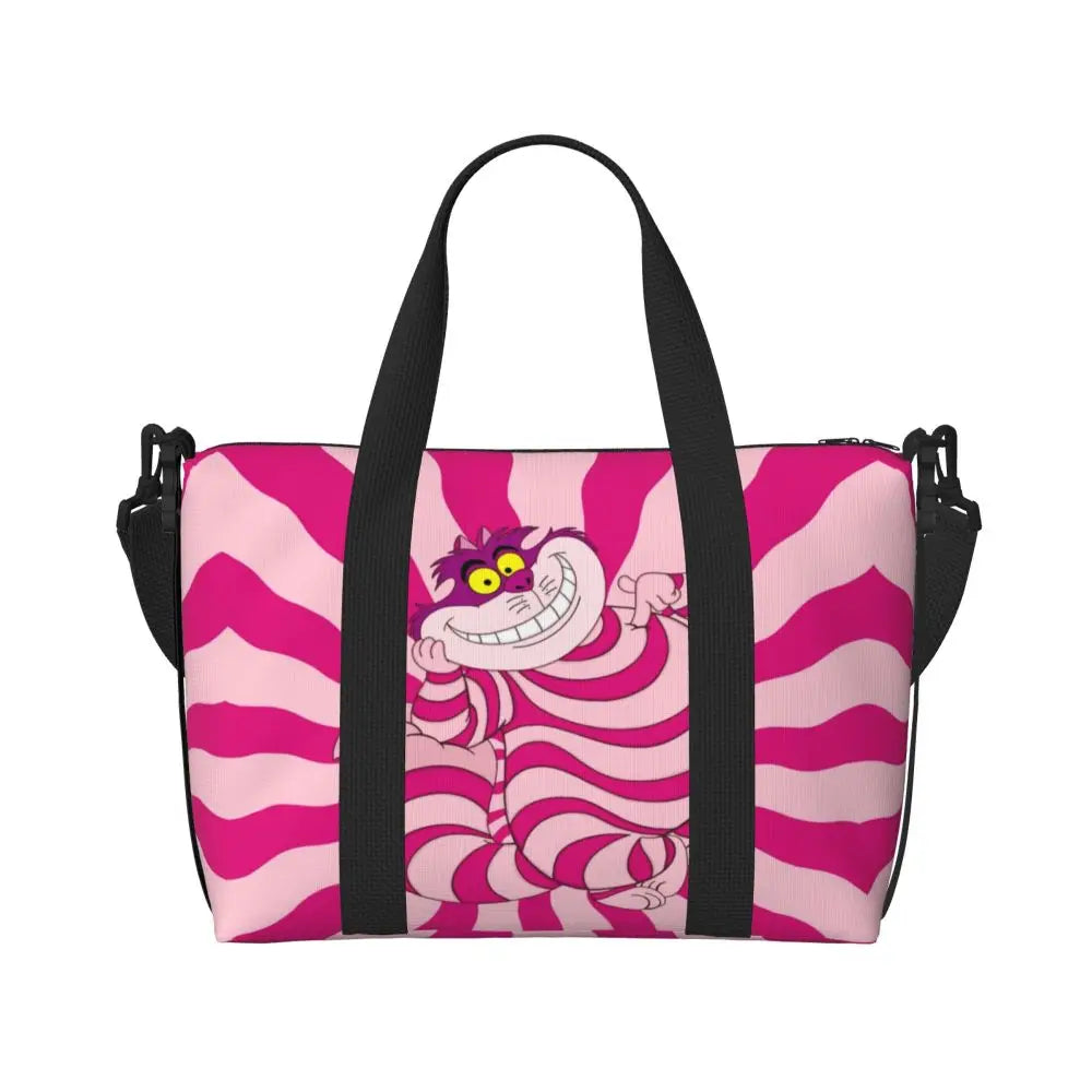 Geantă de plajă personalizată cu pisica Cheshire pentru femei, cu compartiment mare pentru sală și plajă, We're All Mad Here Cat