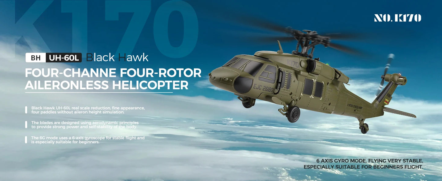 Wltoys K170 RC elicopter UH-60L 4 canale telecomandă elicoptere fără perii cu giroscop și lumină LED durabilă avion jucărie