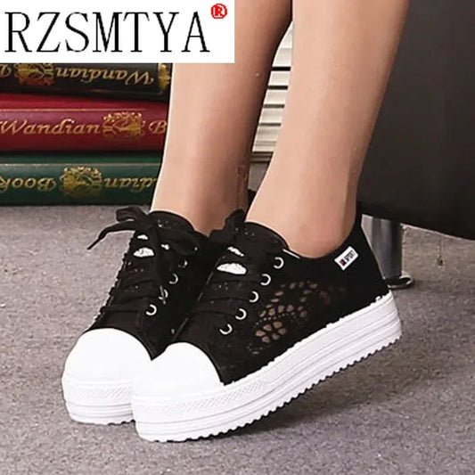 Women Shoes Fashion Summer Casual Shoes White Sneakers Cutouts Lace Canvas Hollow Breathable Platform Sneakers Tenis Feminino - Golden Bridge Store